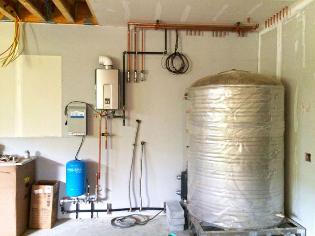 The home's hot water is provided by a solar hot water system. If the solar water heater cannot keep up with the home's hot water needs, hot water is provided using a tankless hot water heater fueled by propane.