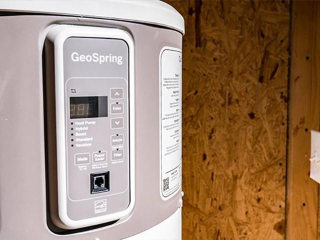 The home's hot water is provided by an efficient heat pump water heater.