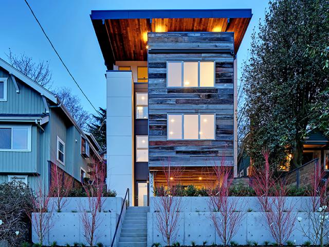 Reclaimed barn wood provides a striking exterior for this high-performance home.