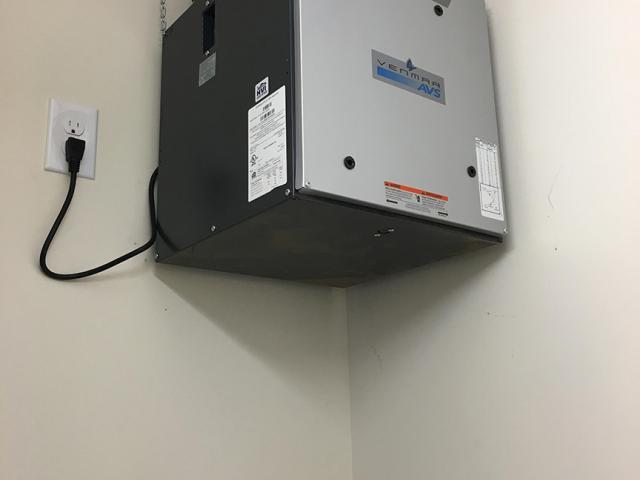 The home is equipped with an energy recovery ventilator (ERV) that operates continuously at 42 cfm to bring in fresh air and exhaust stale air.