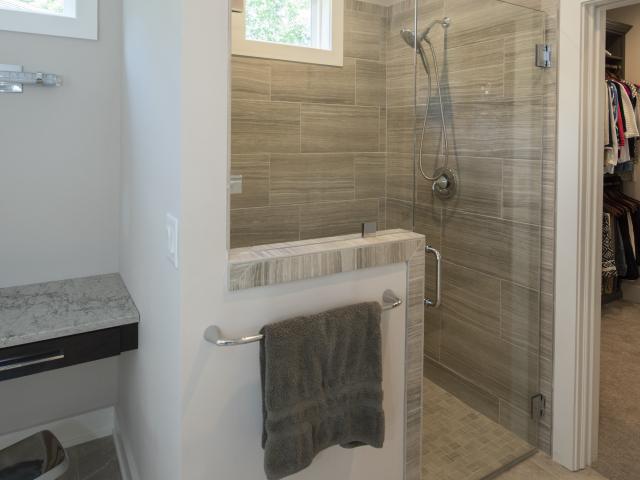 Handicap-accessible features in the home include a curbless-entry shower.