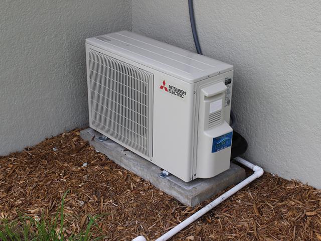 The high-efficiency minisplit heat pump provides cooling and heating.