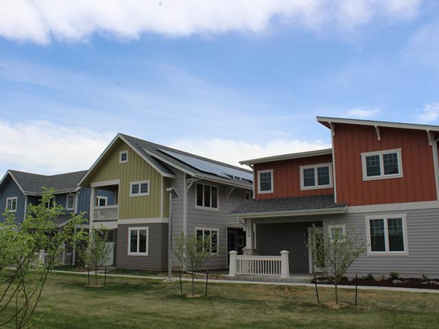 All of the homes in the development feature rooftop solar panels, ground source heat pumps, and staggered-stud wall construction.