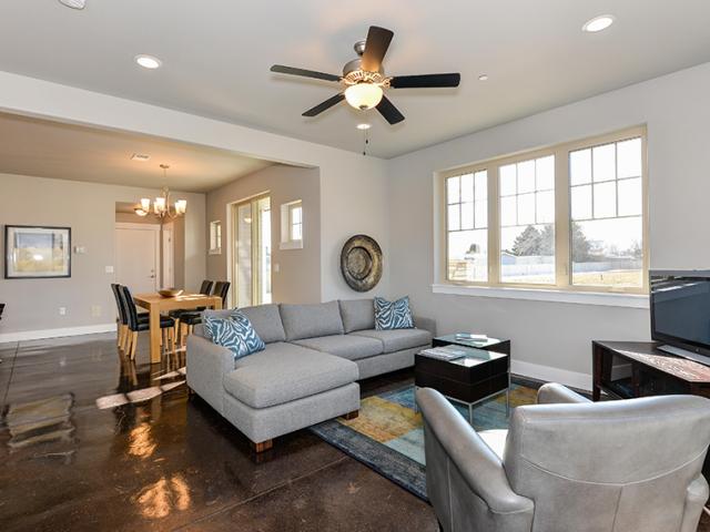 LED lighting and ENERGY STAR ceiling fans supplement the natural light.