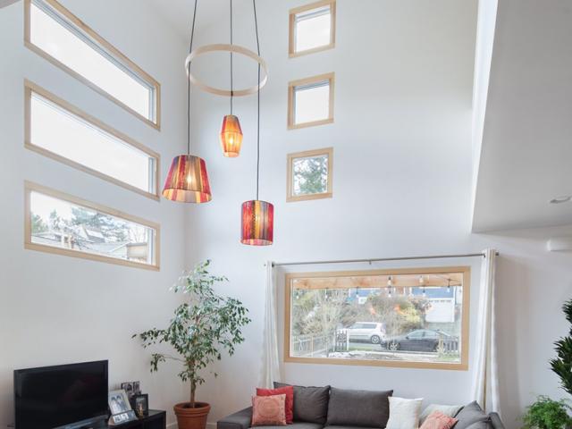 The home's design makes use of extensive daylighting while LED bulbs provide efficient nighttime illumination.