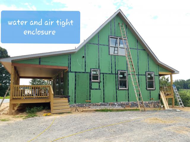 The coated sheathing is taped at the seams to seal out drafts, moisture, pollen, and bugs.