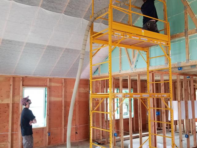 The vaulted roof area of the home is insulated along the roof line with R-74 of blown fiberglass.