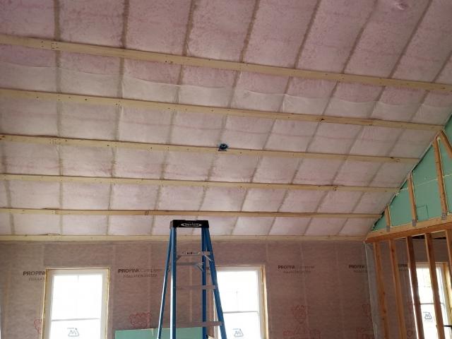 The vaulted ceiling and walls are filled with blown fiberglass insulation. The outside of the walls are also wrapped in 2 inches (R-10) of XPS rigid foam.