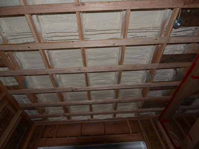 The builder blanketed the underside of the shed-style roof with 4 inches of closed-cell polyiso spray foam then stuffed the remaining ceiling cavity with high-density fiberglass batts for an exceptional attic insulation value of R-70.