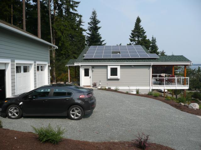 The detached garage includes an electric car charging station.