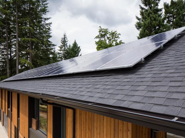 The 10-kW solar electric system on this highly efficient home contributes to a Home Energy Rating System (HERS) score of 5. In other words, this home has virtually no net annual energy consumption.