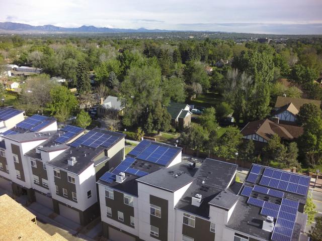 Homeowners in the three-story row homes are projected to save $682 in annual energy costs thanks to the home's efficient construction and large expanses of south-facing roof ideally pitched to accommodate 3 kW of solar electric panels for each unit.