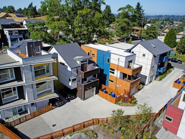 The Zero Energy Ready Home is one of 42 homes in a micro-community of ultra-modern, energy-efficient homes built on an urban gray-field site in South Seattle.